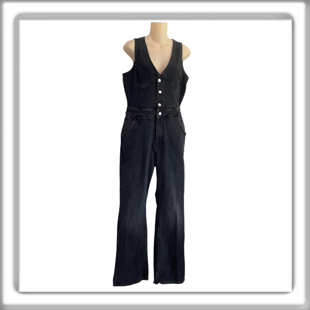 Anthropologie Pilcro Button Front Denim Jumpsuit Black Sleeveless V-neck Size 12